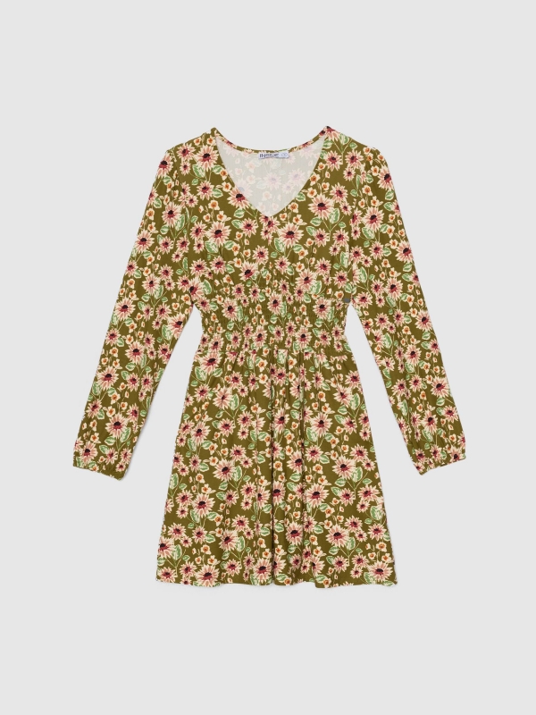 Floral print mini dress khaki front detail view