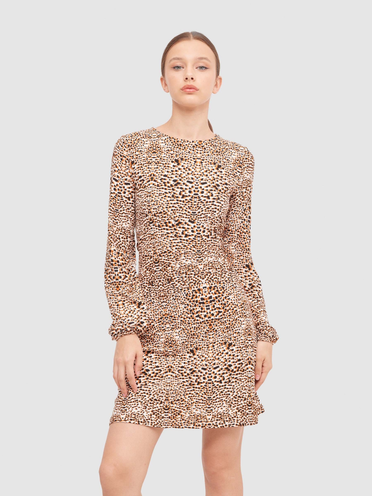 Animal print mini dress off white three-quarter front view