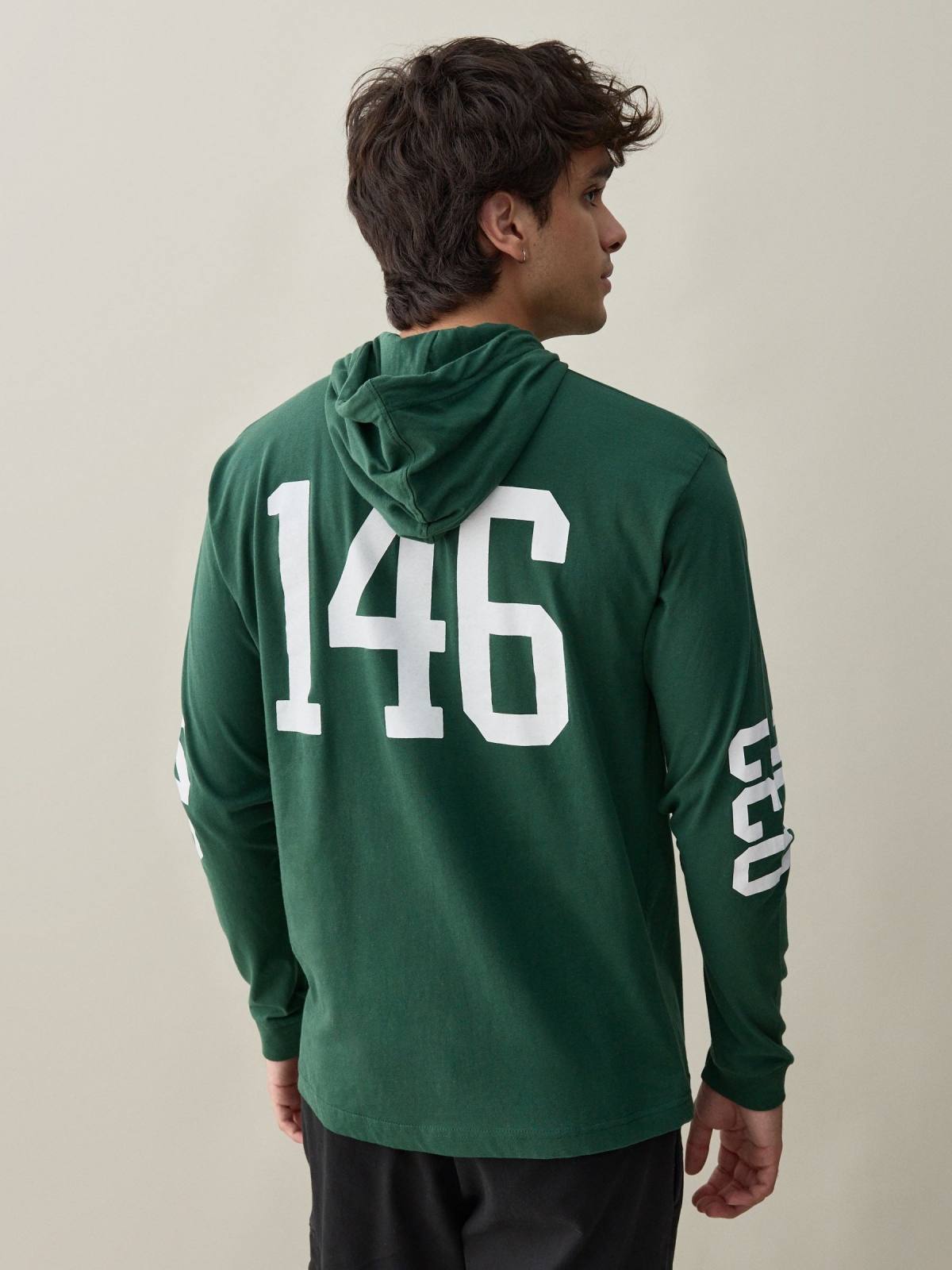 College hooded t-shirt green middle back view