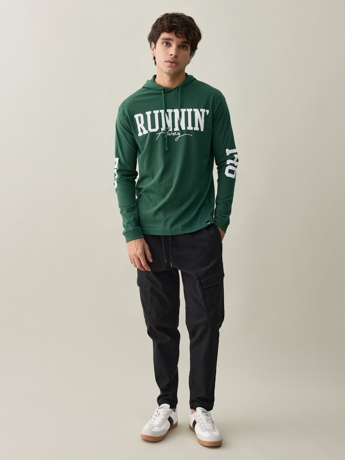 College hooded t-shirt green front view