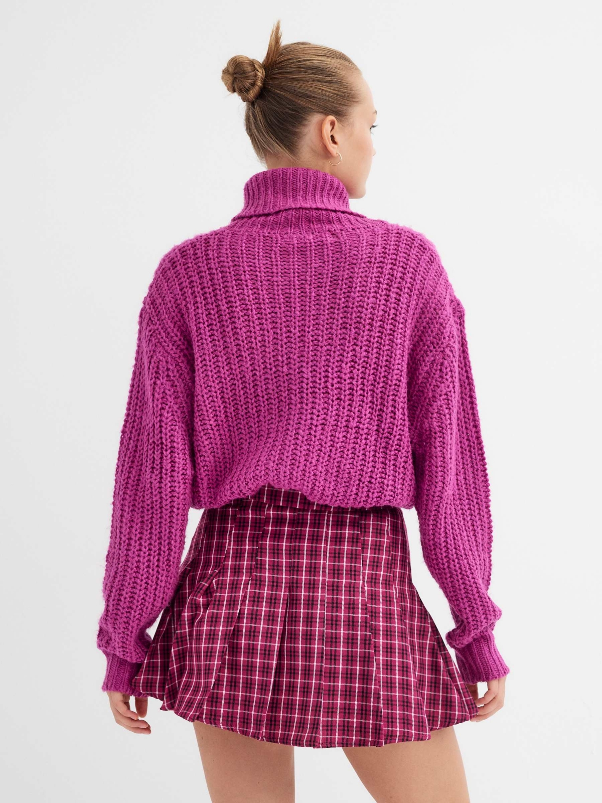 Roll neck knit jumper fuchsia middle back view