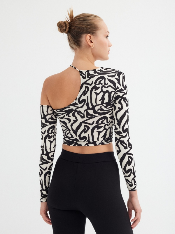 Asymmetric abstract print t-shirt off white middle back view