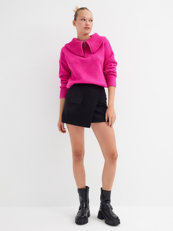 High neck sweater with zipper fuchsia front view