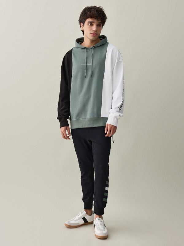 Tricolor sweatshirt with text greyish green front view