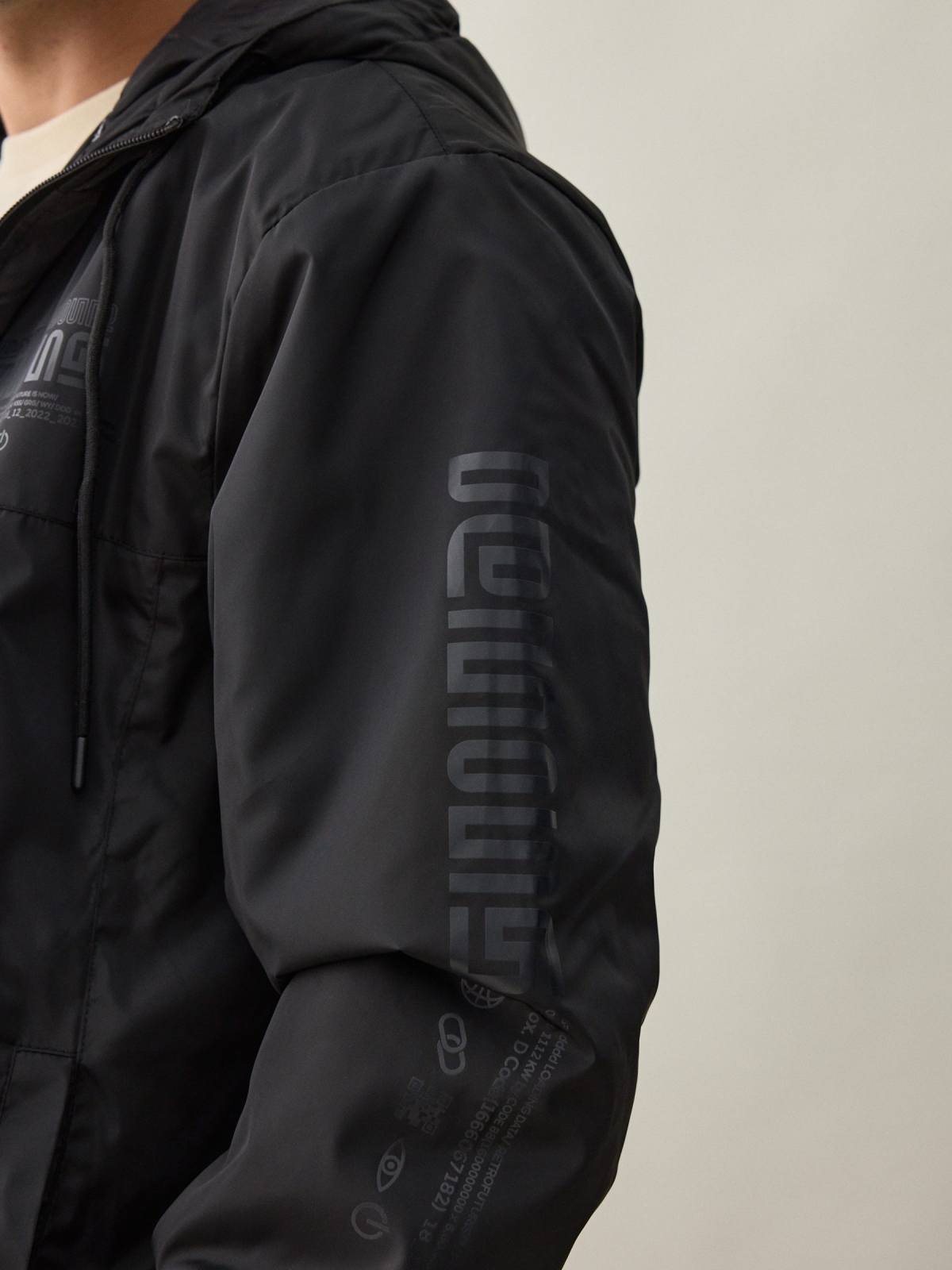 Nylon jacket with hood black detail view