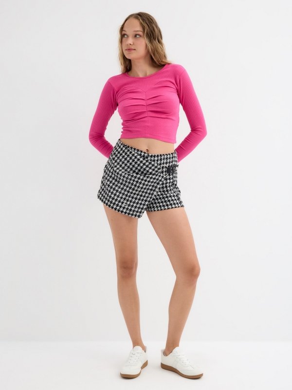 Skort de tweed houndstooth preto vista geral frontal