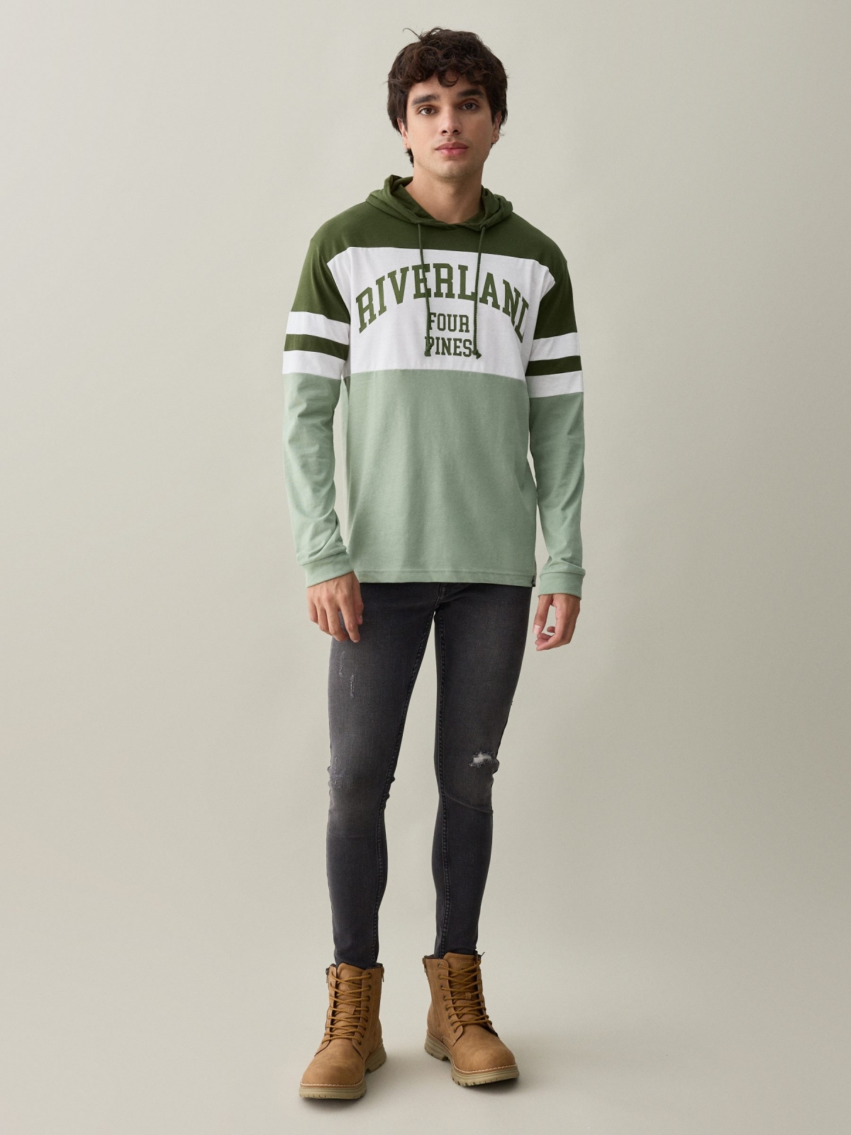 Riverland hooded T-shirt greyish green front view