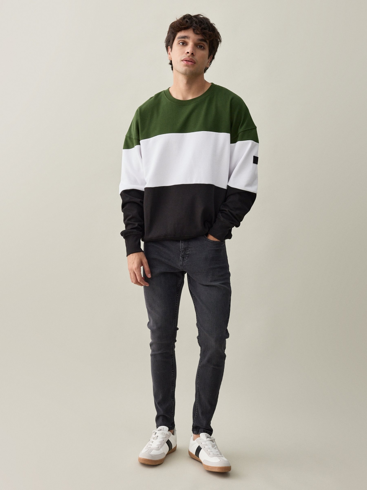 Green color block sweatshirt black front view