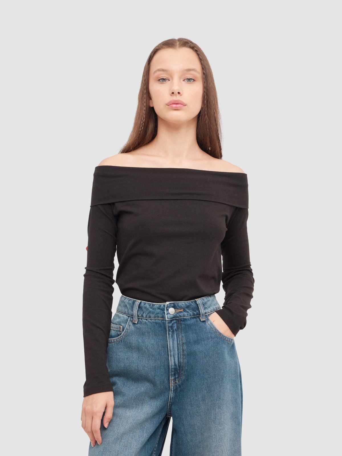 Long sleeve black t-shirt with bardot neckline black middle front view