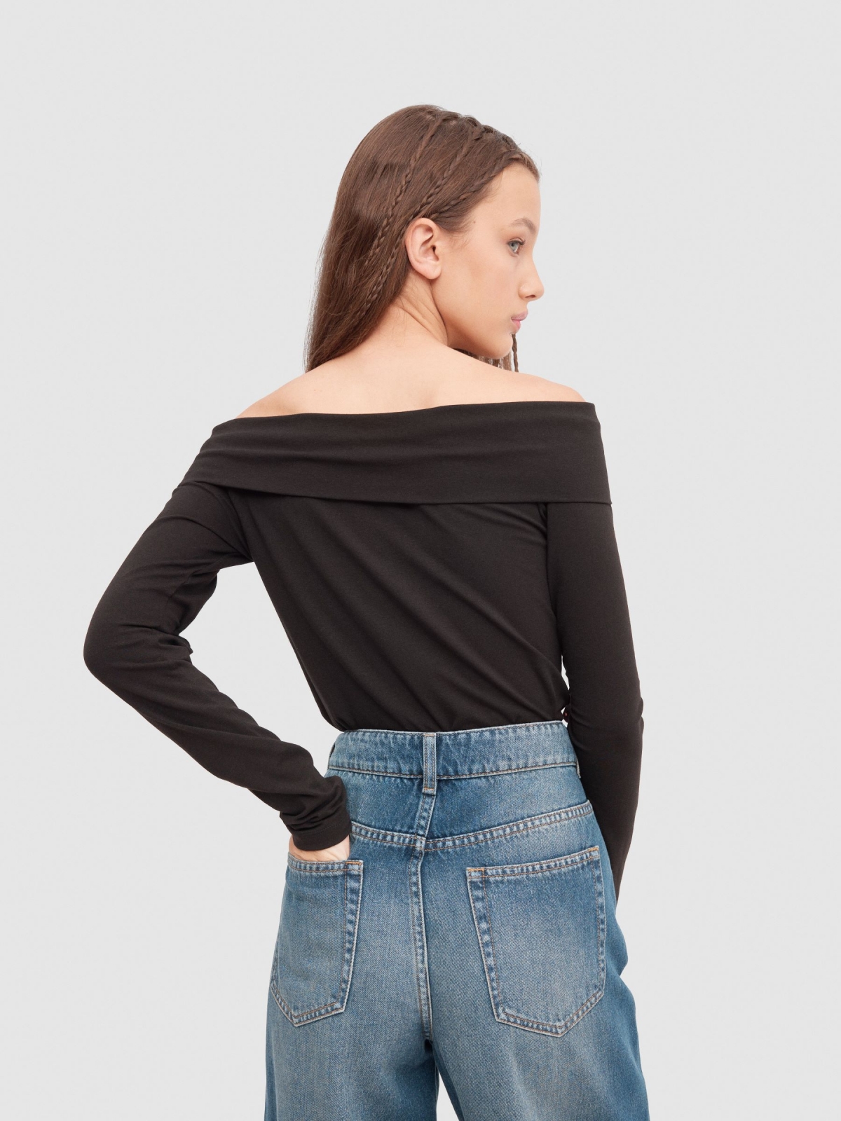 Long sleeve black t-shirt with bardot neckline black middle back view