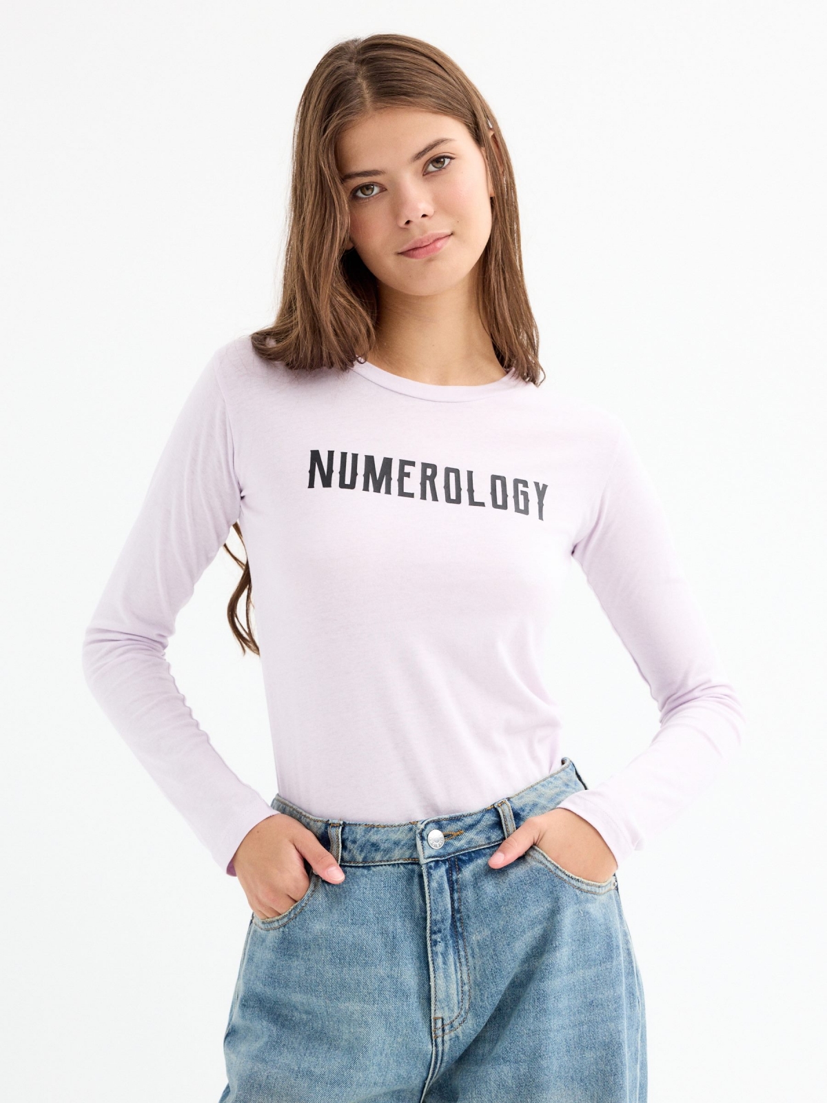 Numerology black T-shirt lilac middle front view