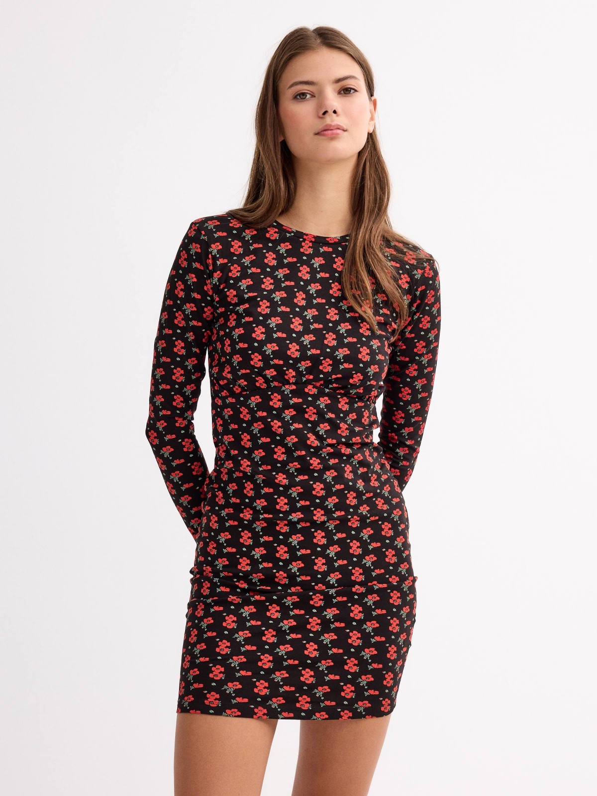 Printed short combined dress black middle front view