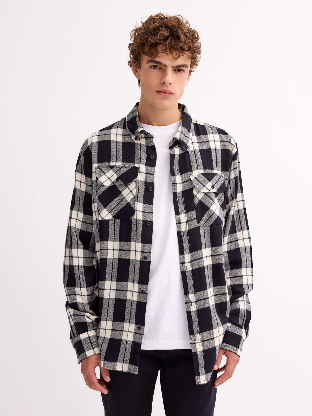 Checked flannel shirt black middle front view