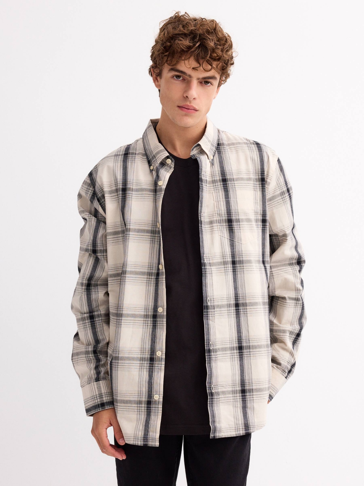 Plaid shirt with pocket beige middle front view