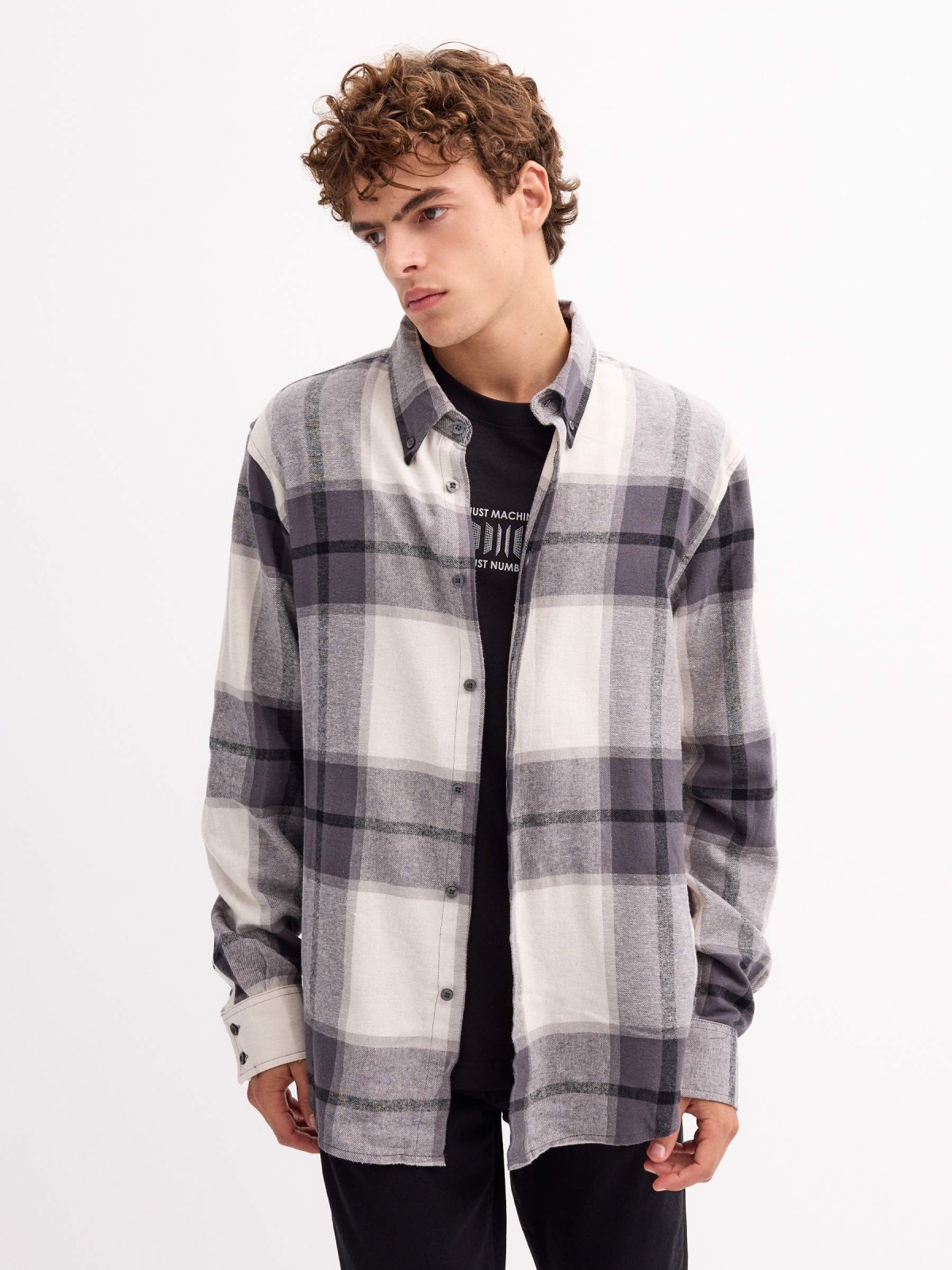 Plaid flannel shirt grey middle front view