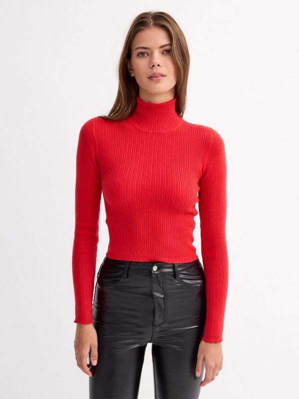 Basic pullover color turtleneck deep red middle front view