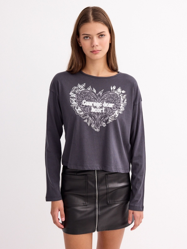 Graphic grey long sleeve t-shirt dark grey middle front view