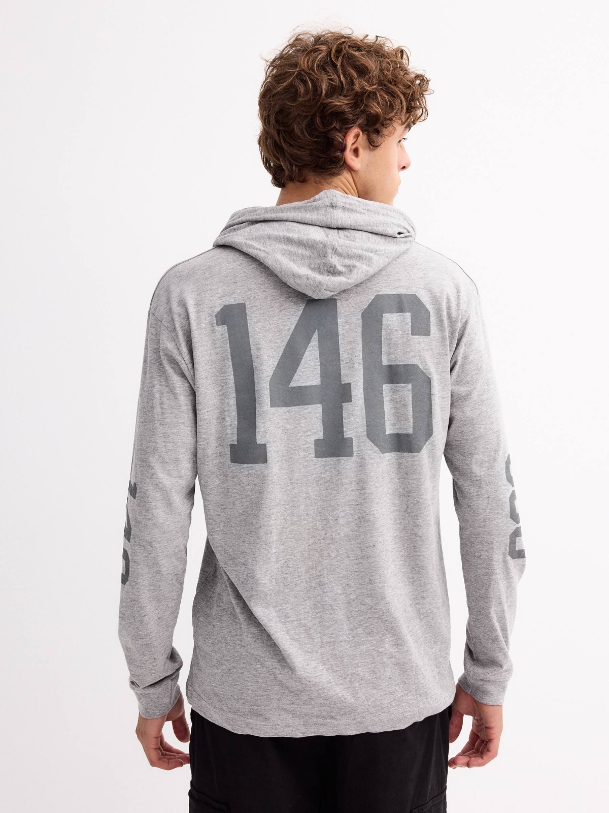 College hooded t-shirt grey middle back view