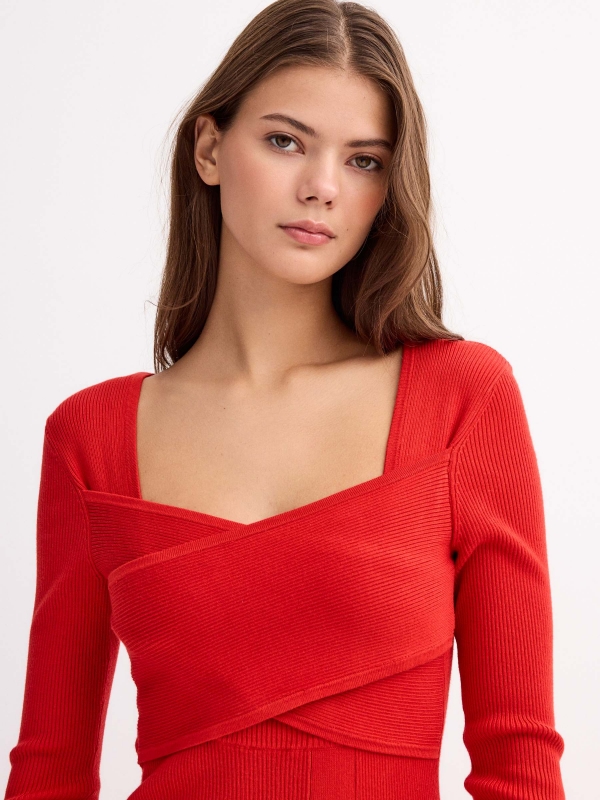  Vestido com decote cruzado de costelas Midi vermelho