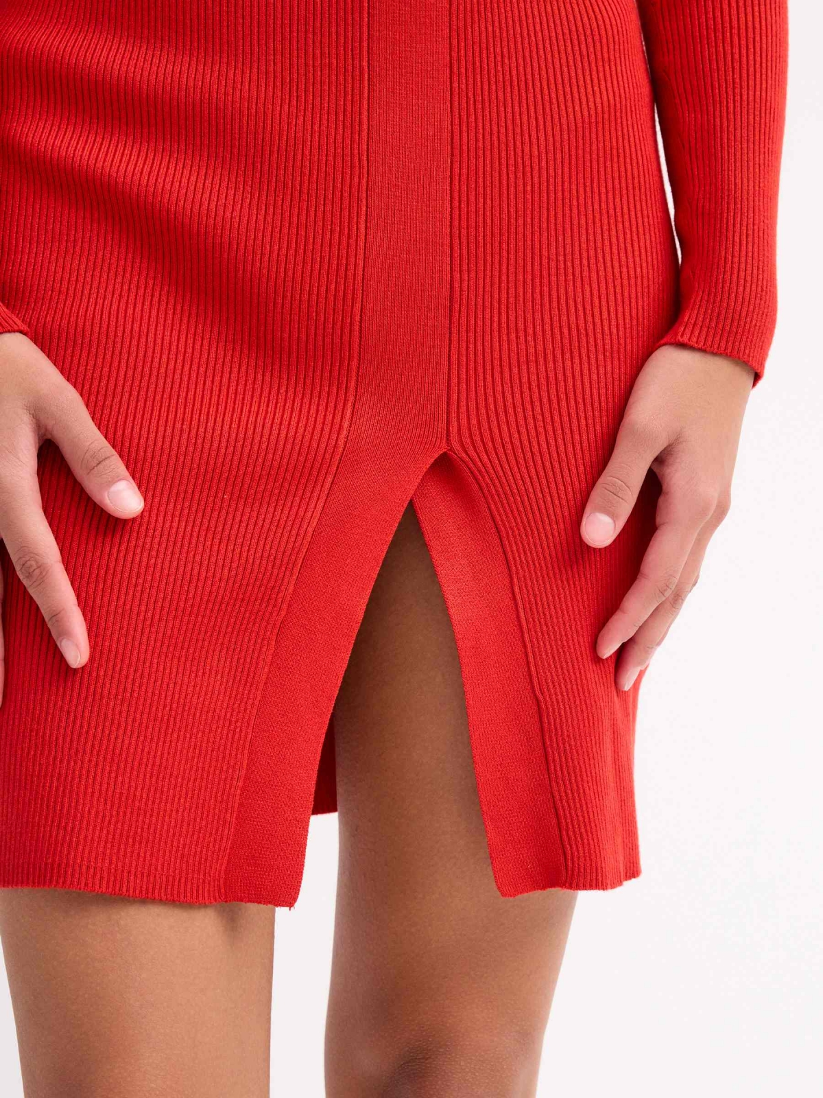 Midi rib cross neckline dress red detail view