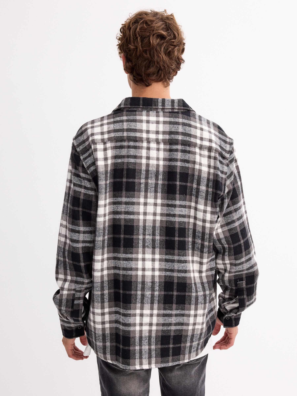 Green mini plaid shirt black middle back view