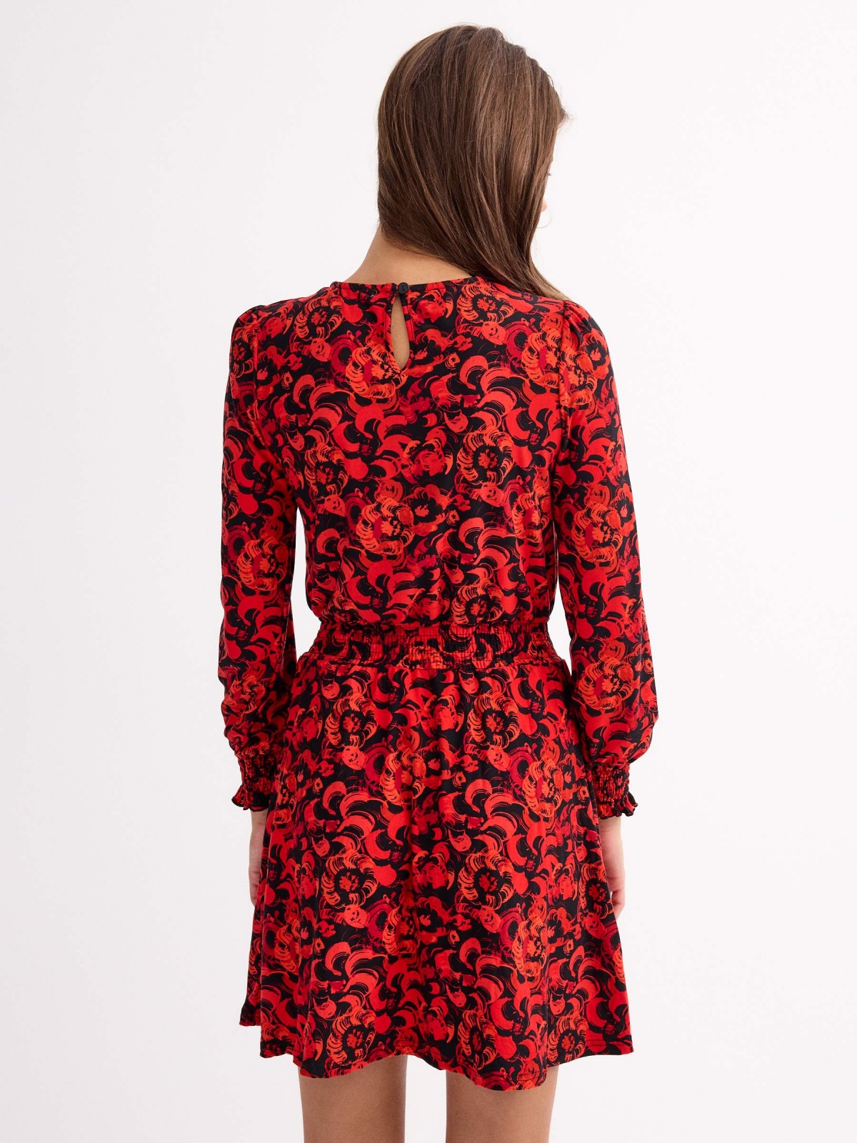 Regular print mini dress with elastic bands deep red middle back view