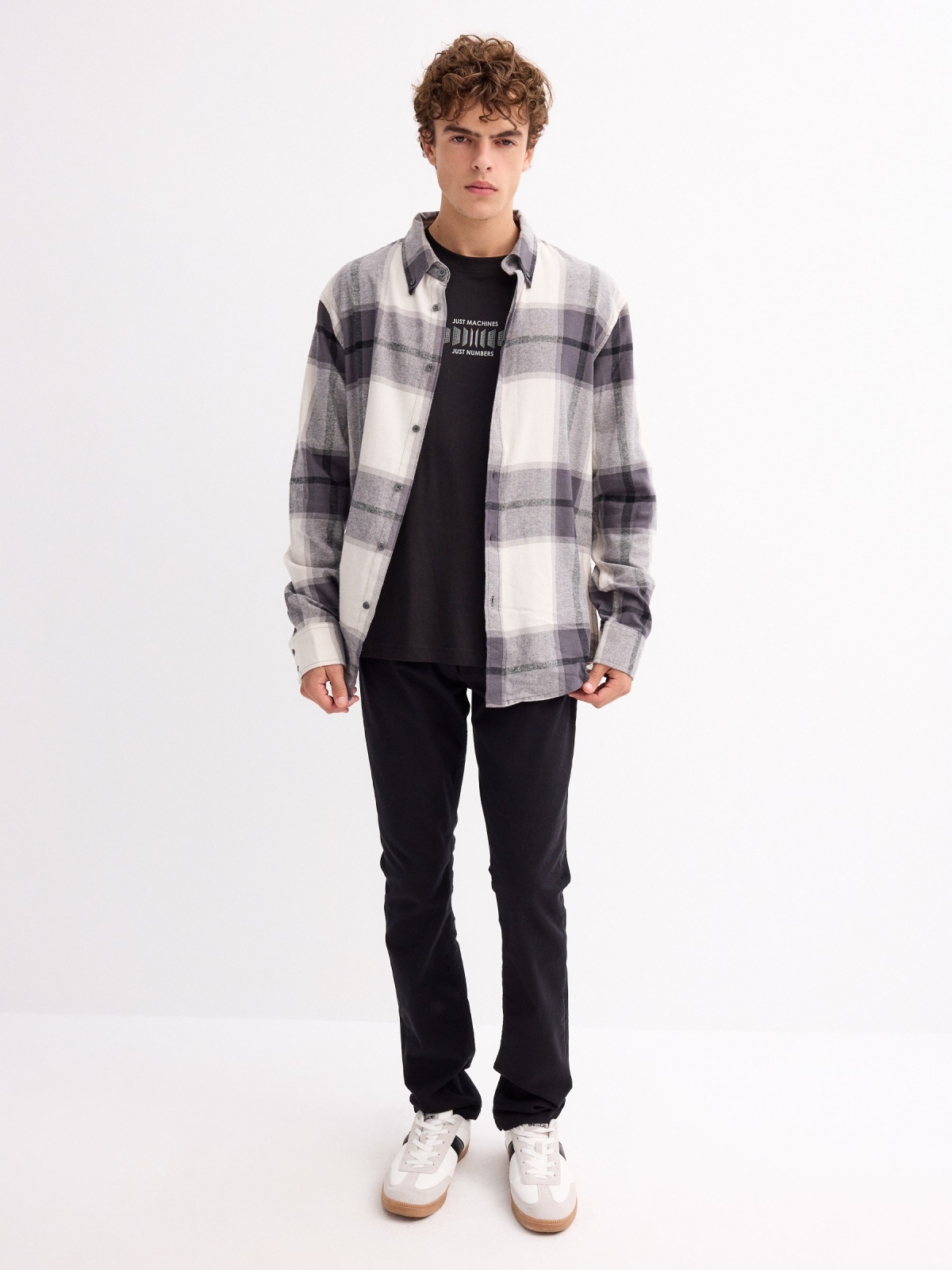 Plaid flannel shirt grey front view