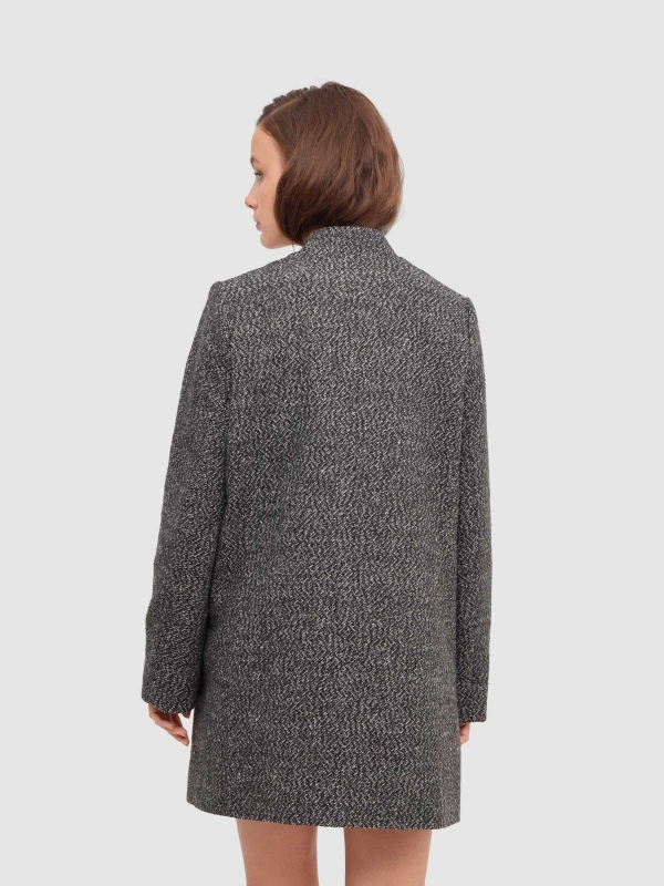 Grey tweed short coat with zipper black/beige middle back view