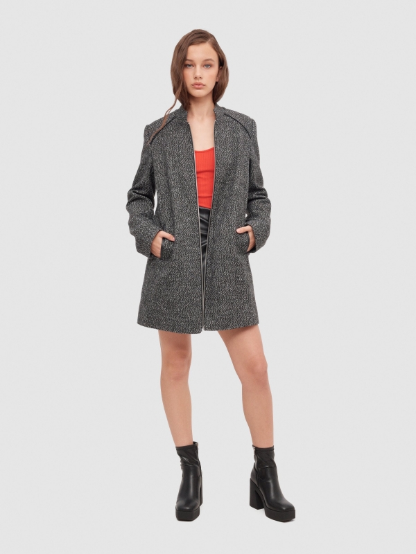 Grey tweed short coat with zipper black/beige general front view