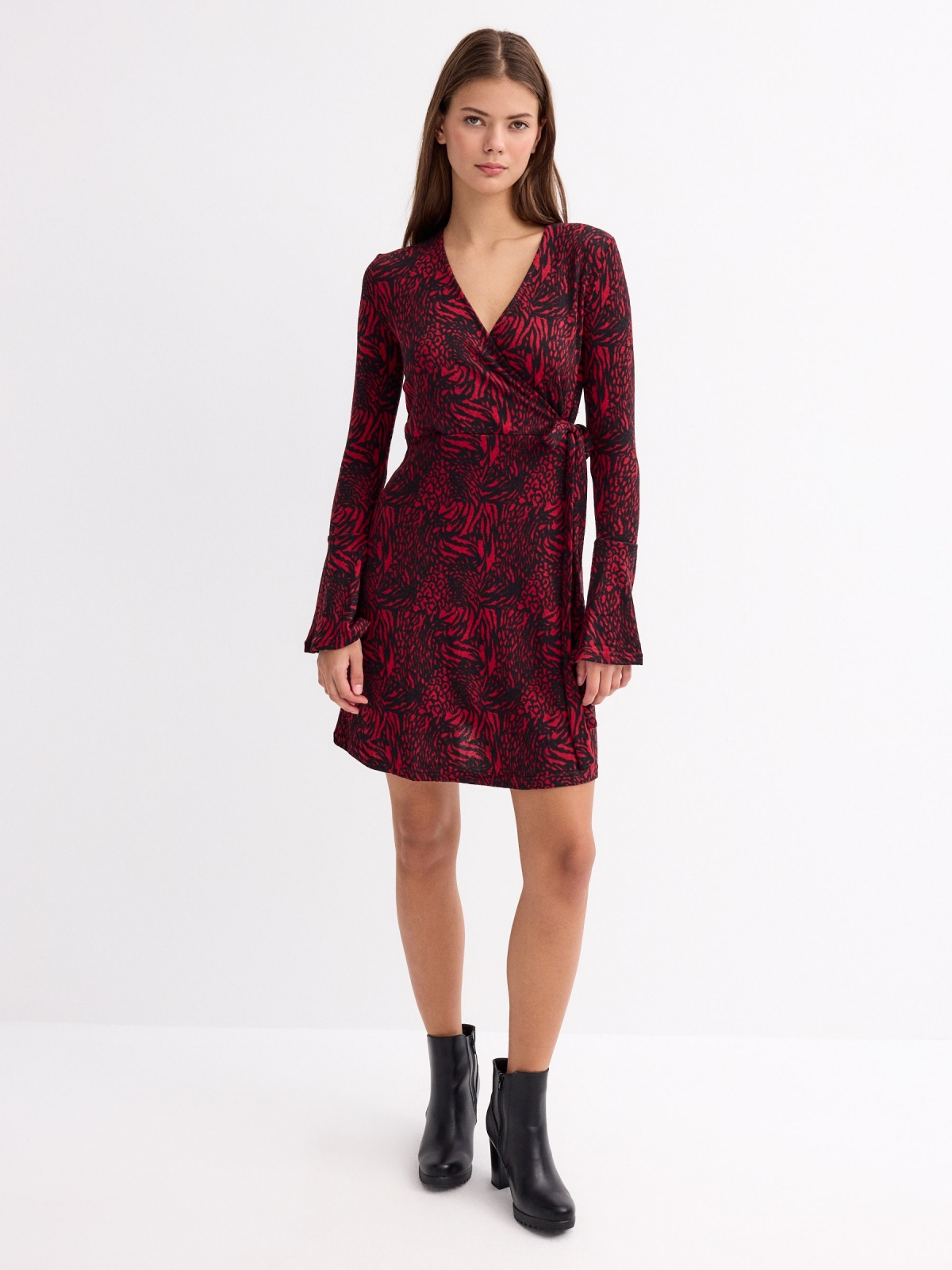 Animal print mini dress with bell sleeves red front view