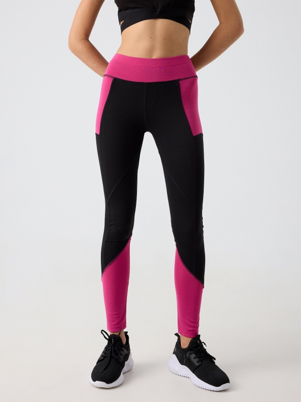 Black color block leggings black middle front view