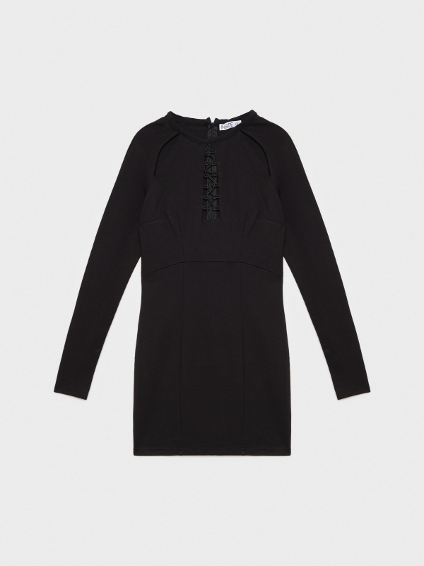 Mini dress lace up neckline black detail view