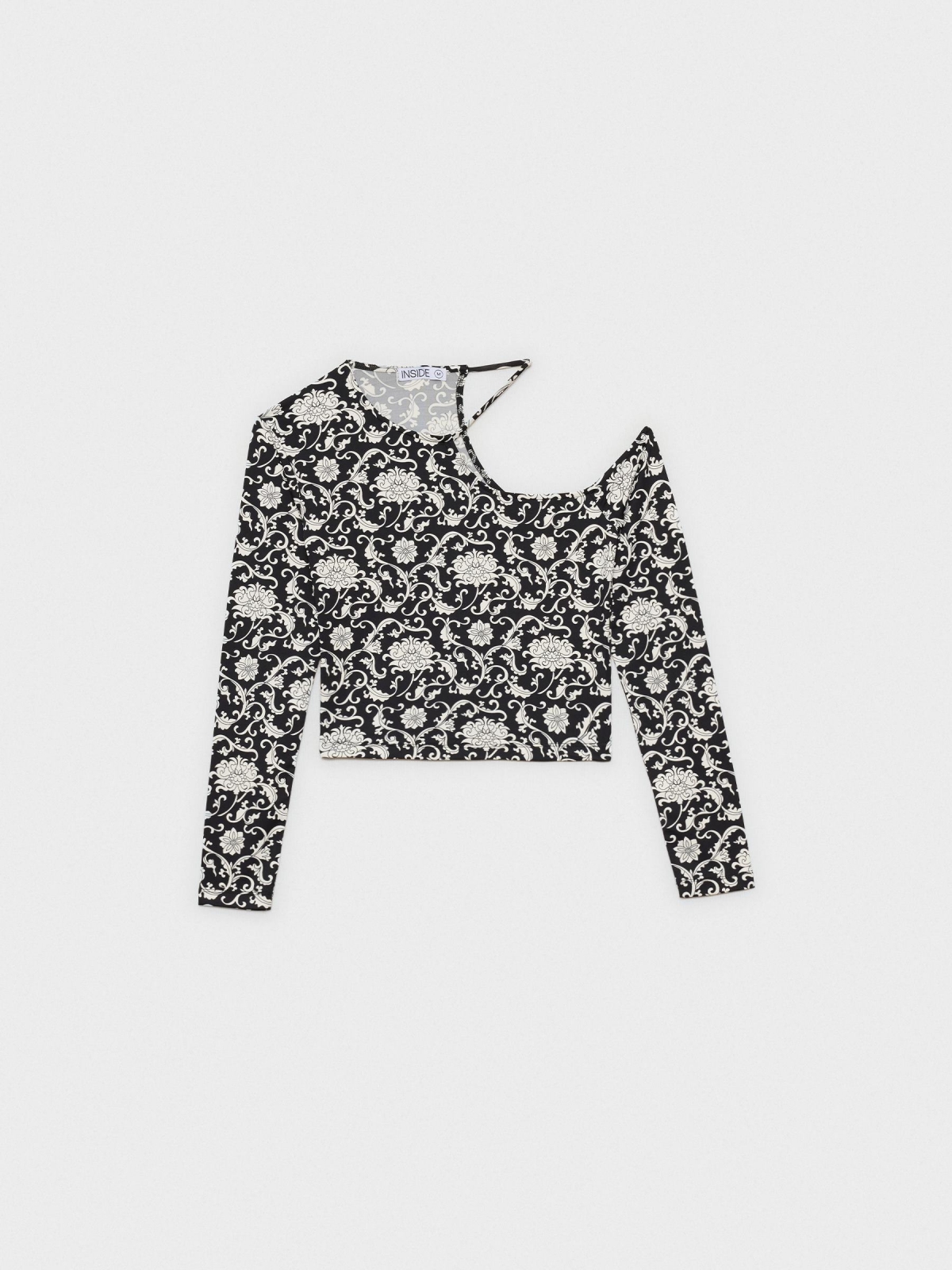 Camiseta crop escote asimetrico print negro vista detalle