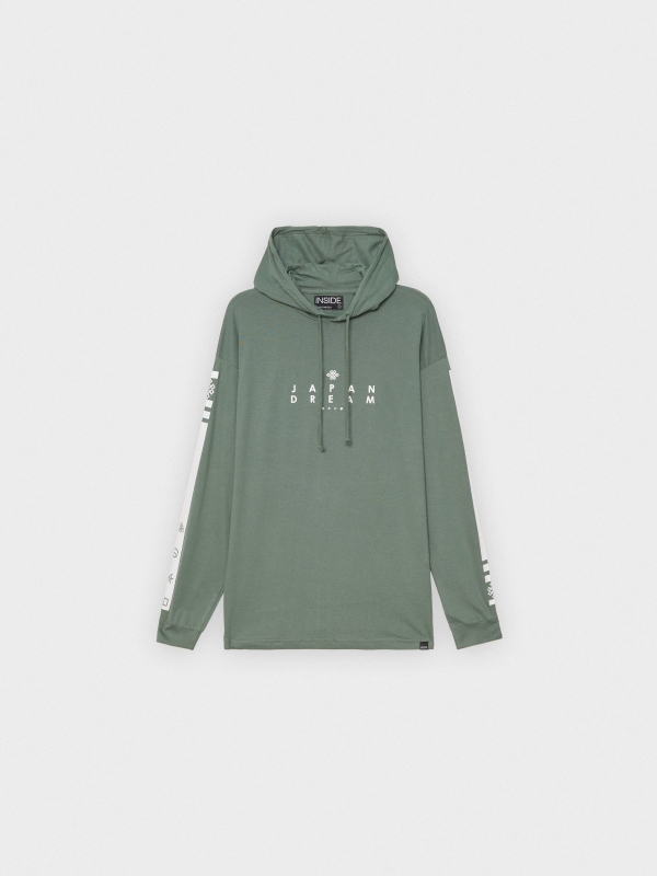 Japan Dream hooded T-shirt greyish green detail view