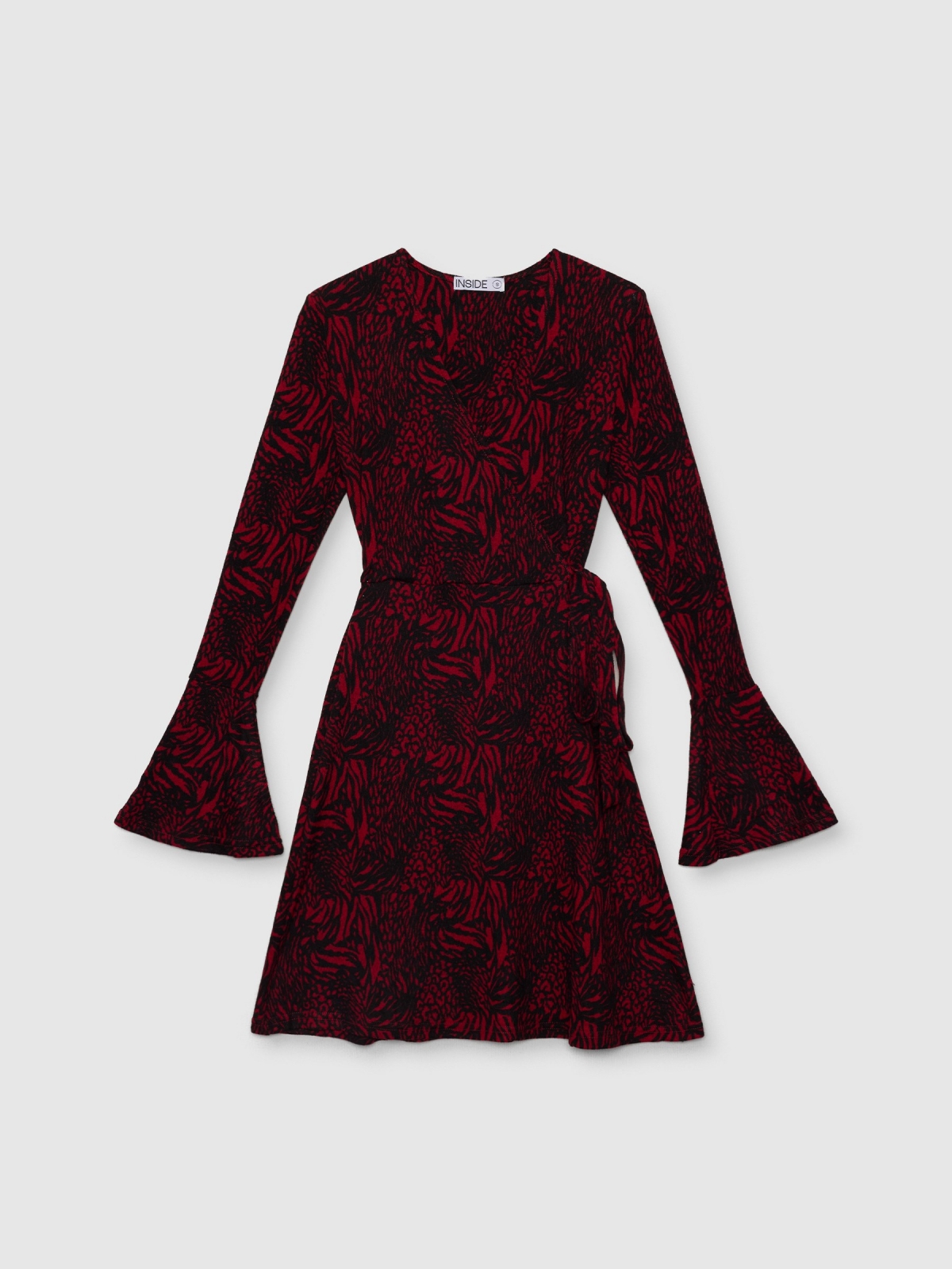 Animal print mini dress with bell sleeves red detail view