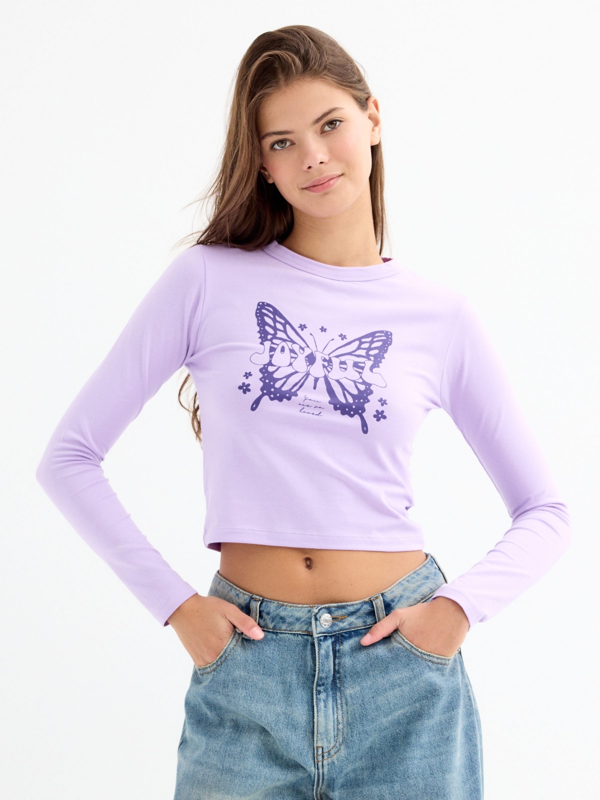 T-shirt com print roxo malva vista meia frontal