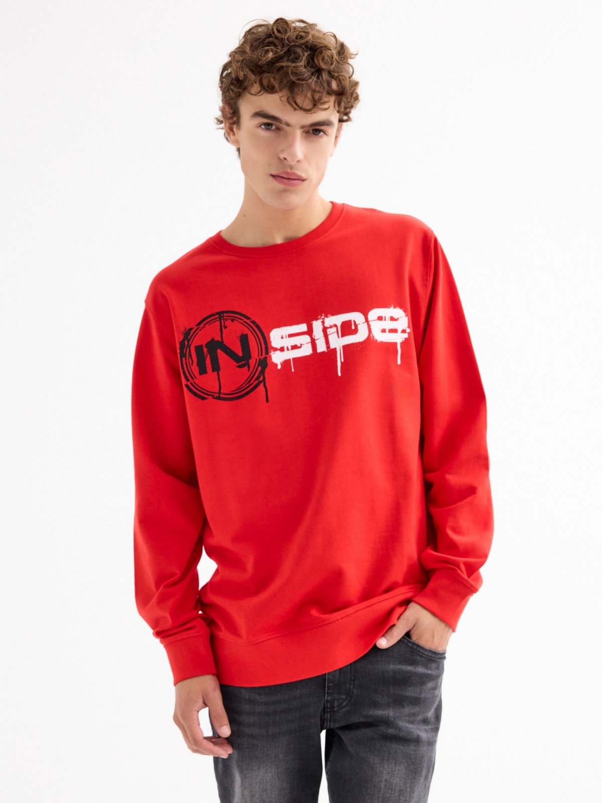 Hoodless sweatshirt with logo red middle front view