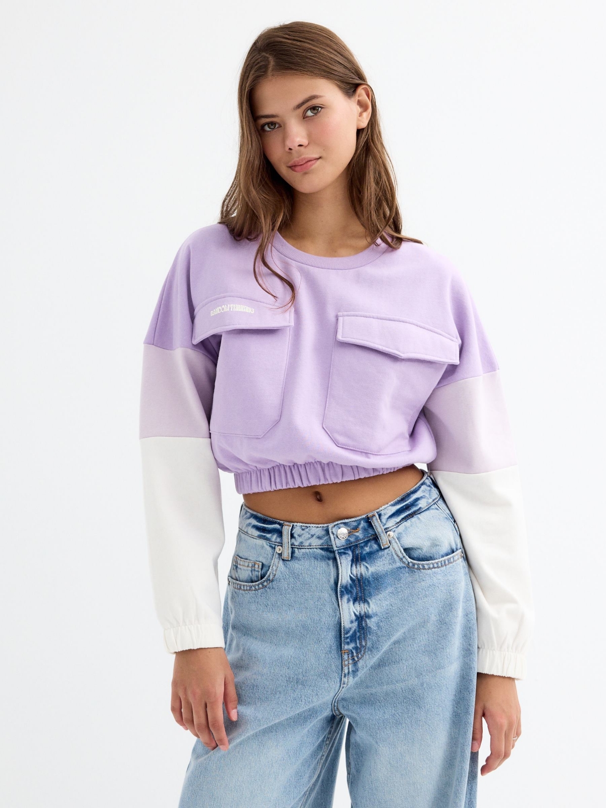 Crop sweatshirt with pockets mauve middle front view