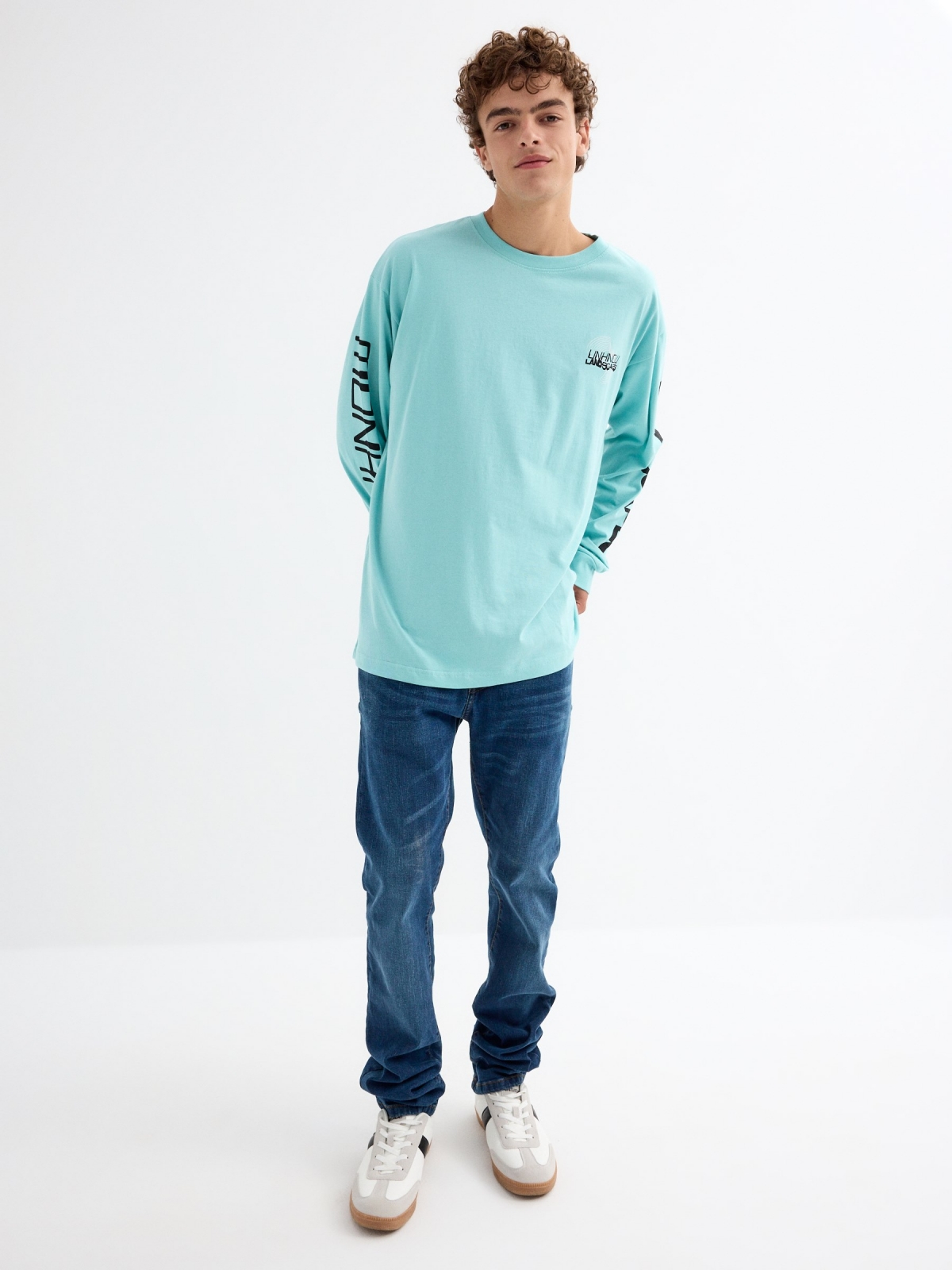 Cyber print t-shirt on sleeves light blue front view