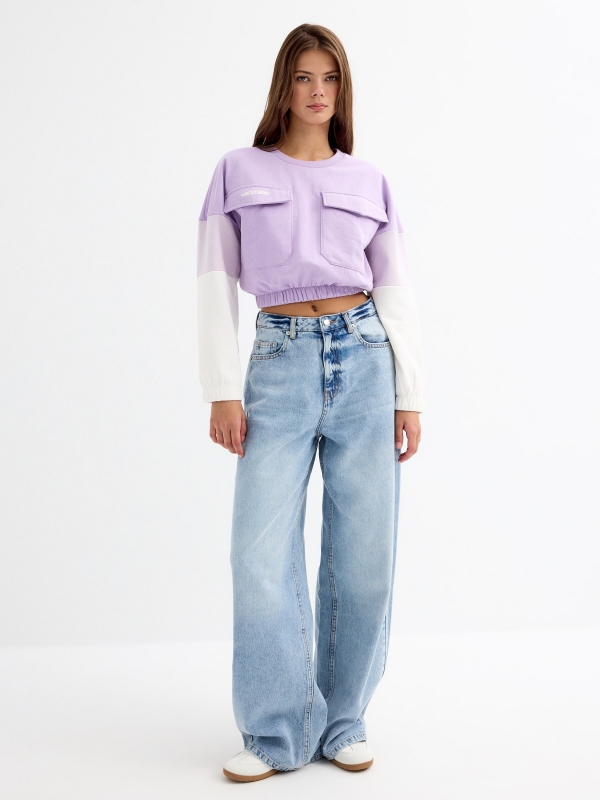 Crop sweatshirt with pockets mauve front view