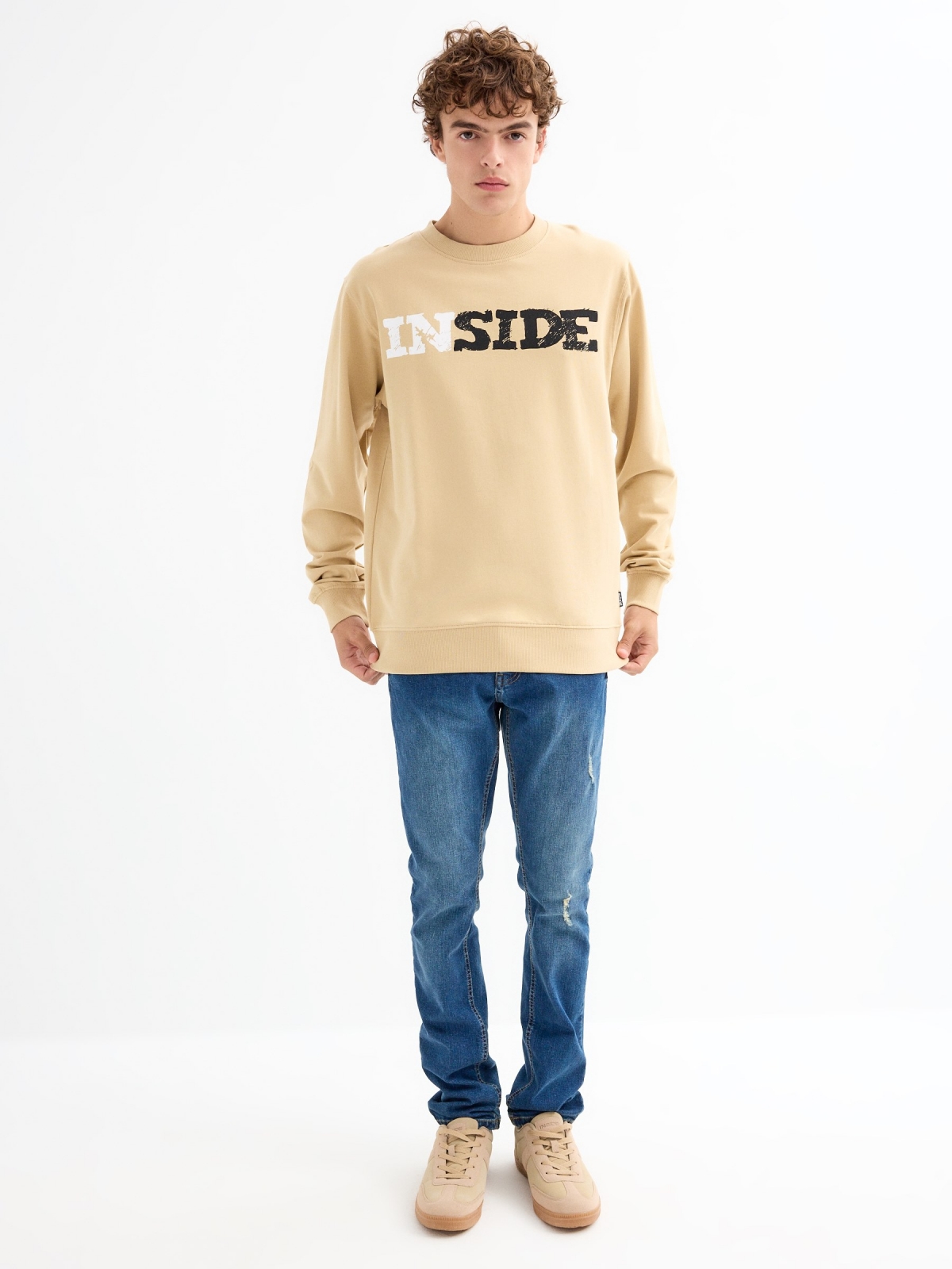 Basic long sleeve logo sweatshirt sand front view