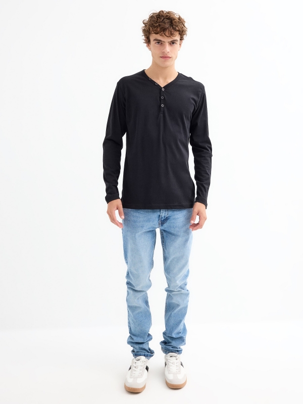 Long sleeve t-shirt with baker's collar black front view