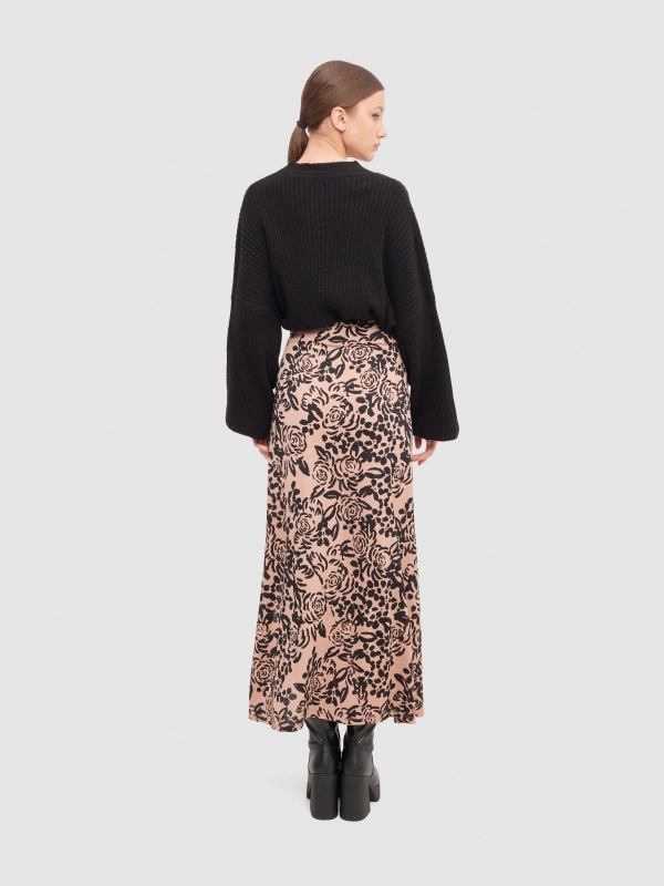 Floral print midi skirt with slit black middle back view