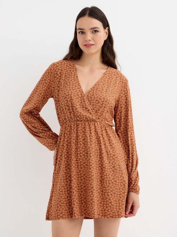 Floral print wrap dress cinnamon three-quarter front view