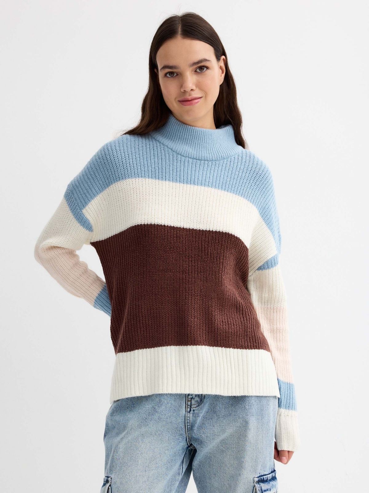 Perkins sweater with color block brown middle front view