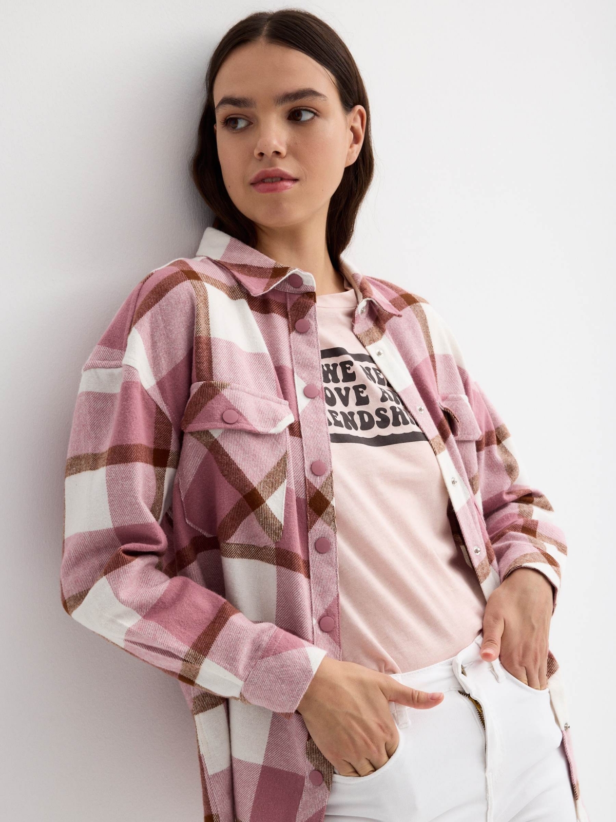 Pink checkered flannel shirt pink detail view