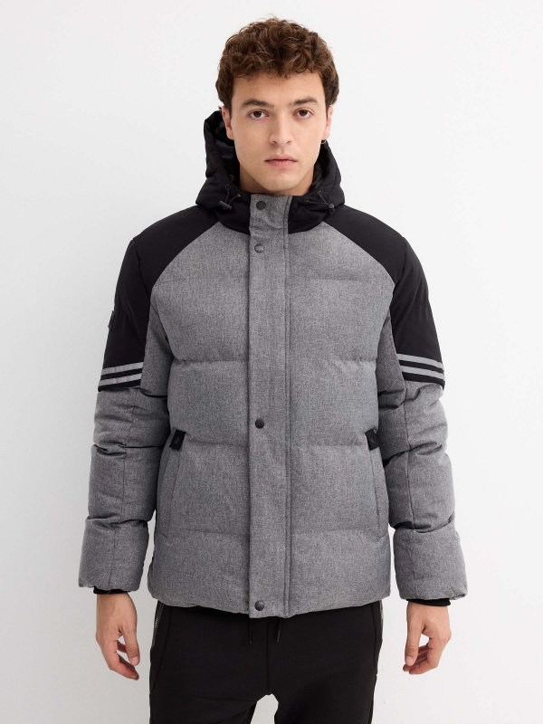 Block color quilted coat grey middle front view