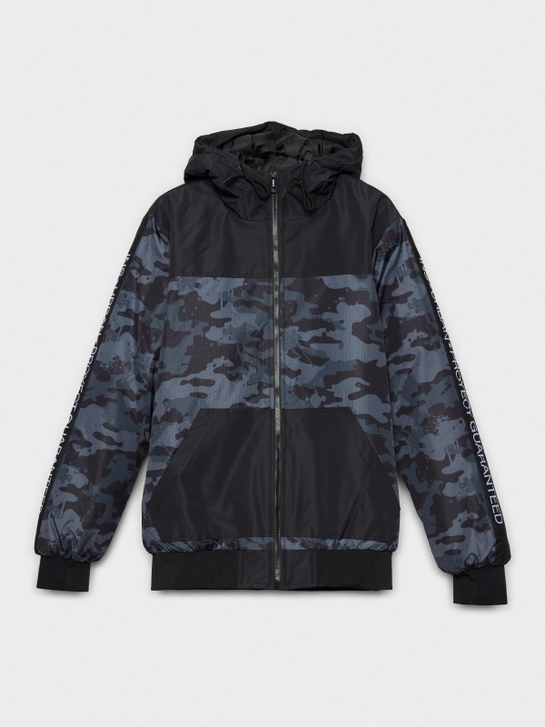  Camouflage print hooded jacket black front view