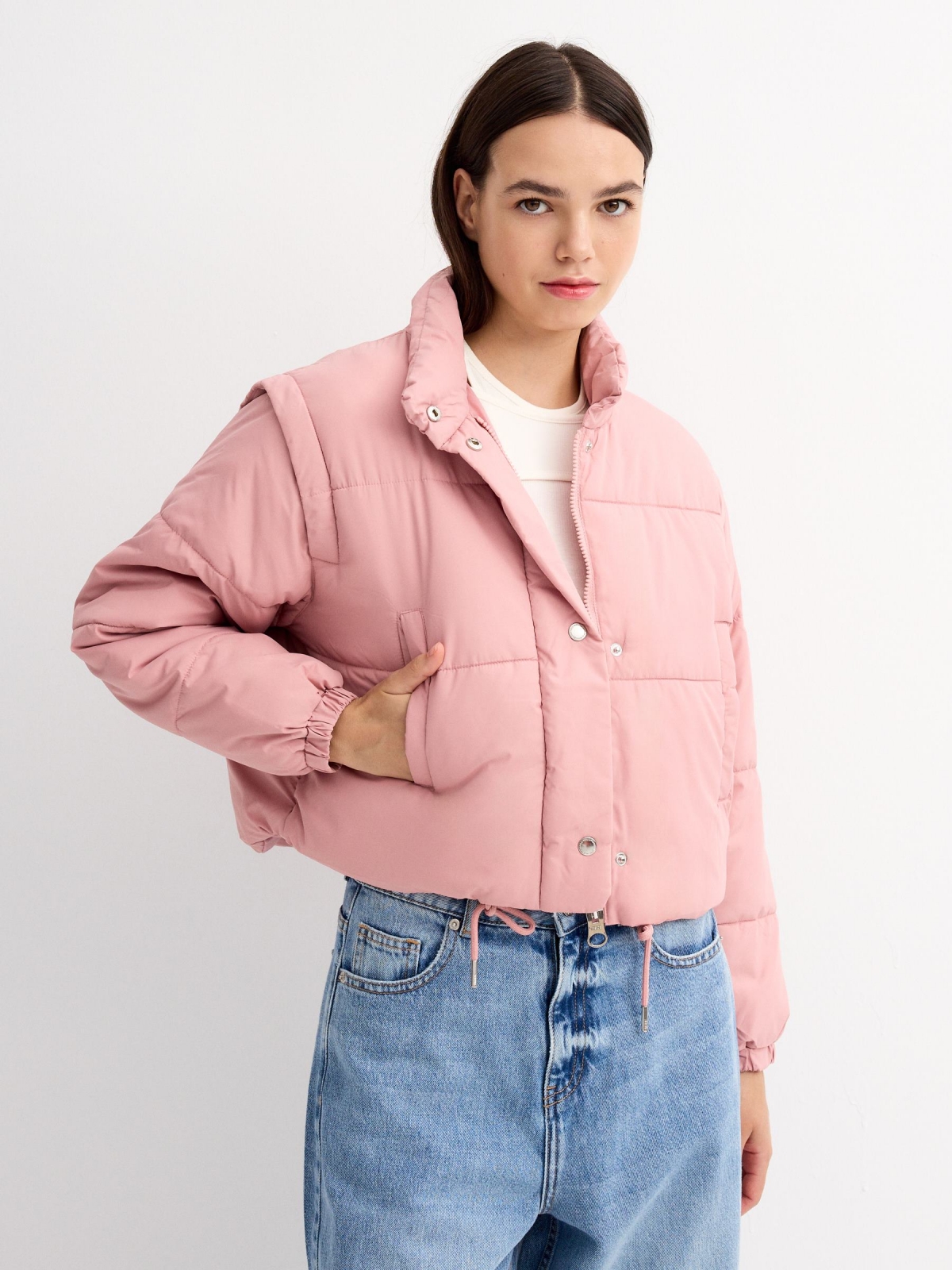 Padded cropped jacket pink middle front view