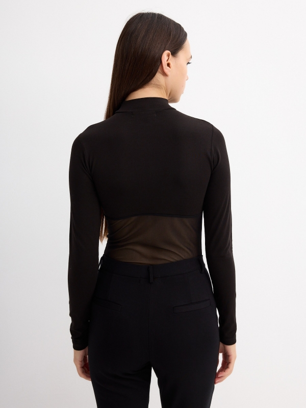 Perkins collar T-shirt with mesh black middle back view